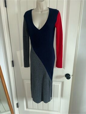 NEW Equipment Femme Colorblock Ribbed V-Neck Knit Dress - Navy, Gray & Red Sz S